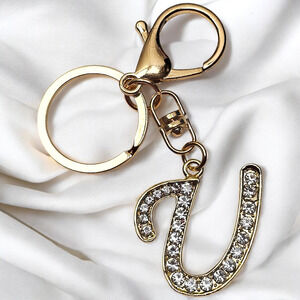 Keychain V Letter Initial Gold Tone Rhinestone Alphabet